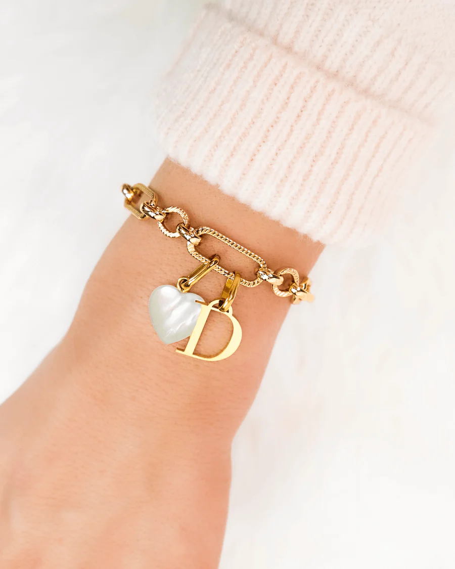 Letter & Birthstone Figaro Chain Bracelet (Gold) - Image 4