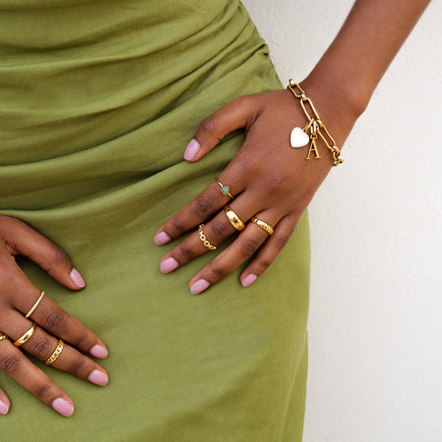 Letter & Birthstone Figaro Chain Bracelet (Gold) - Image 6