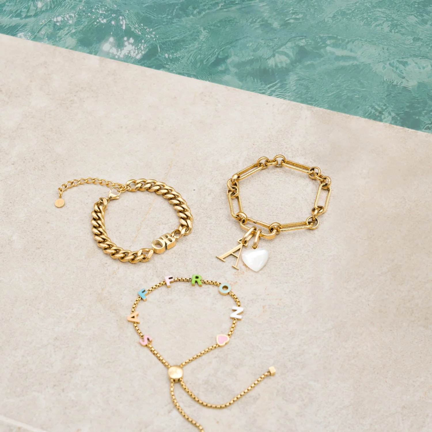 Letter & Birthstone Figaro Chain Bracelet (Gold) - Image 8